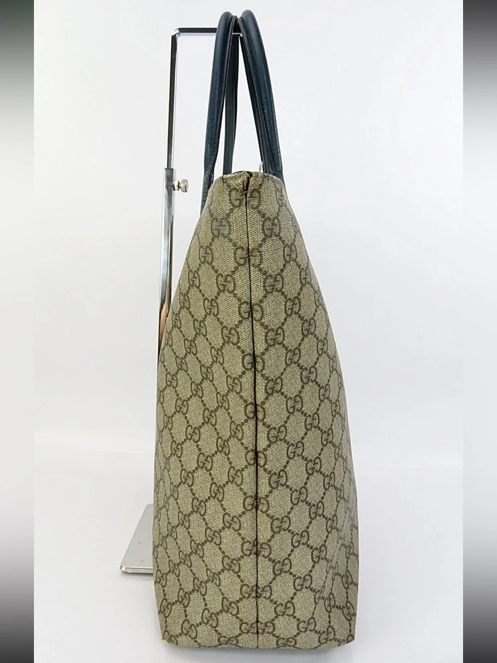Gucci Beige GG Canvas Tote with Blue Leather Handles